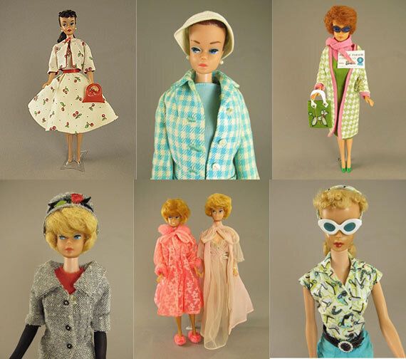 six quadrants showcase different 60s fashion looks from Barbie